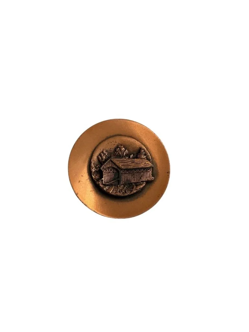 Vintage Copper Covered Bridge Brooch Pin Round 1.75